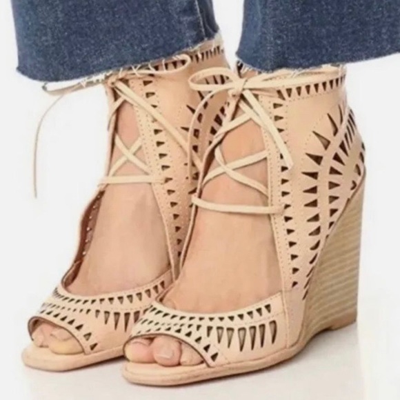 Jeffrey Campbell Shoes - Jeffrey Campbell Rodillo Laser Cut Peep Toe Wedge Leather Lace Up Tan Sandal:8.5